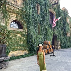 Green wrap line & dot dress